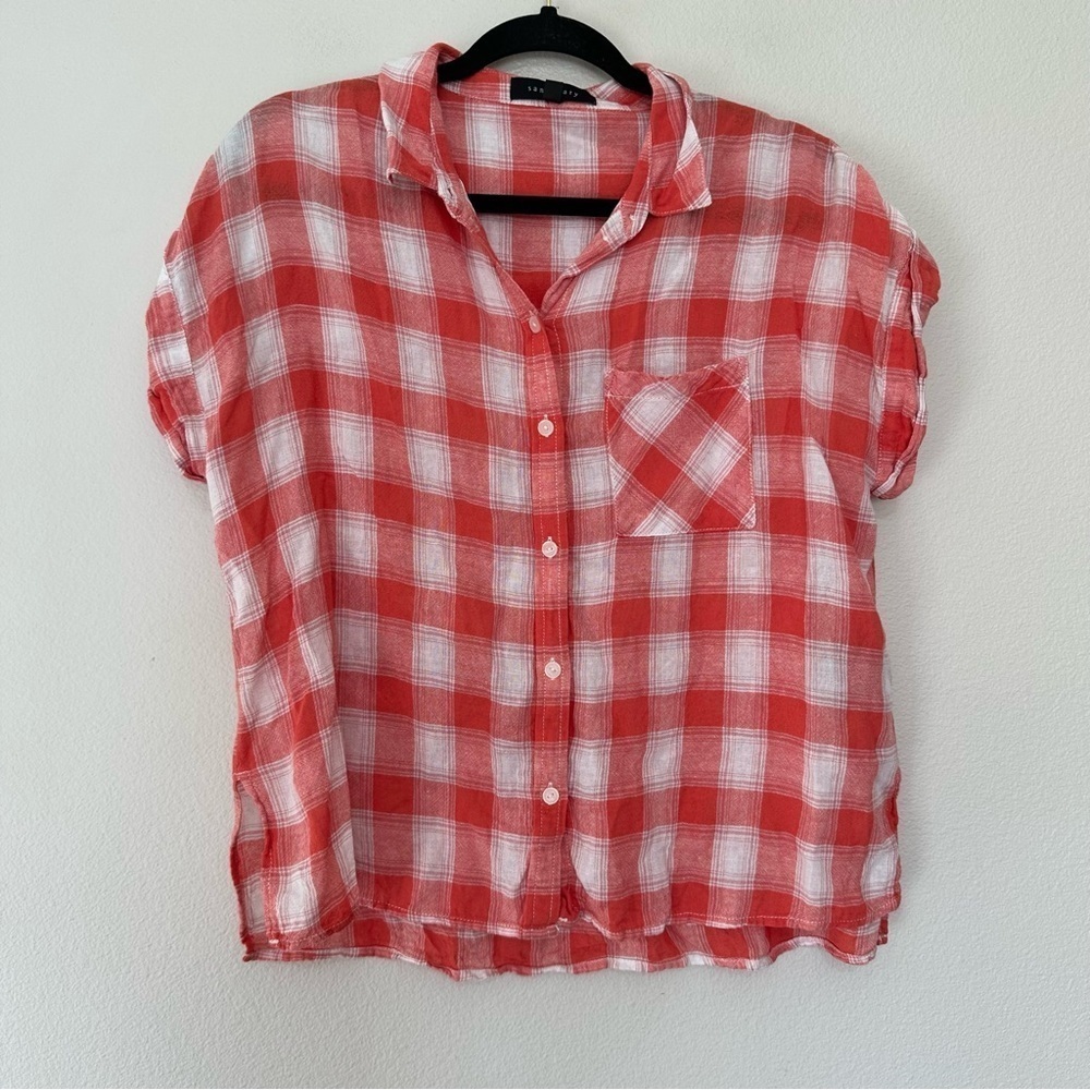 Sanctuary women’s linen blend short sleeve button up plaid blouse size s small